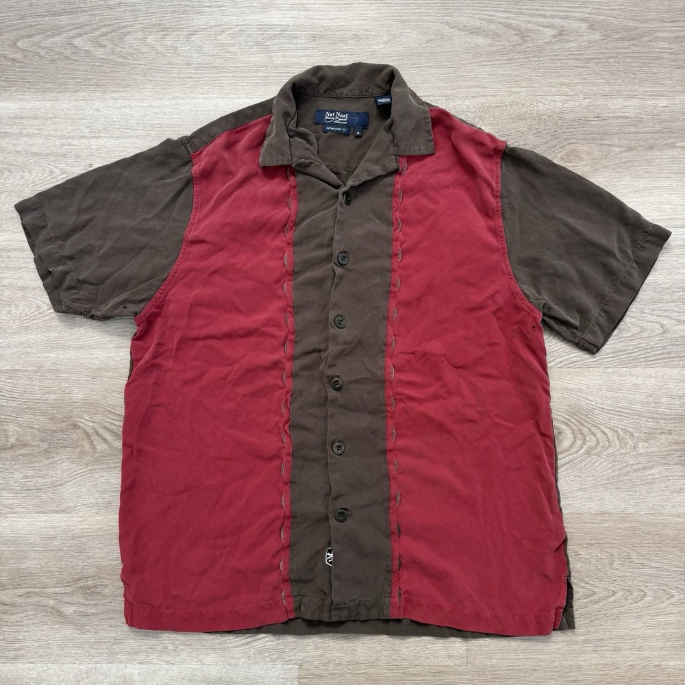 Vintage Nat Nast Shirt Mens Medium Brown Red Silk Tony Soprano Button Up Camp